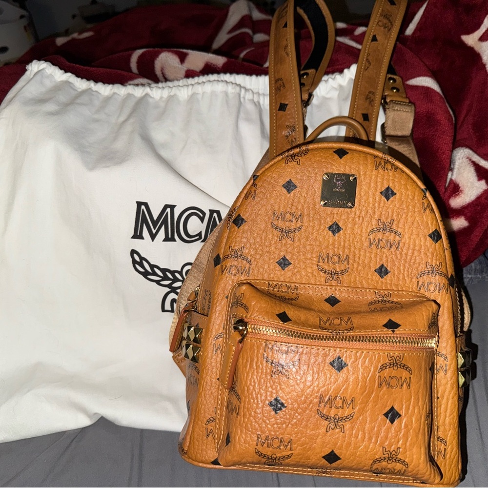 MCM Tan Backpack with Logo Pattern